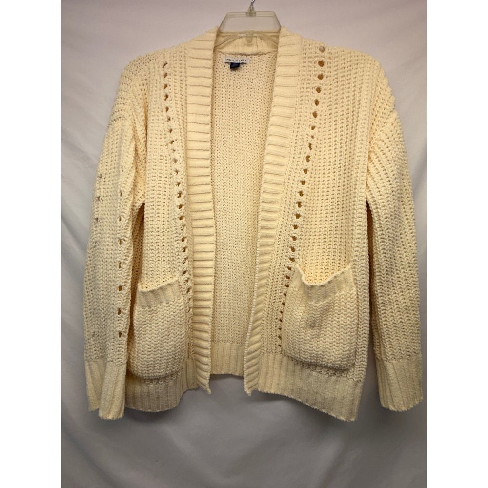 American Eagle Cream Chunky Knit Open Front Cardigan Sweater Pockets Women Small